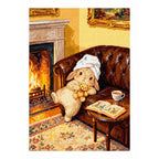 White-background diamondized artwork of a knit-cap bunny cuddling a teddy bear by a fireplace
