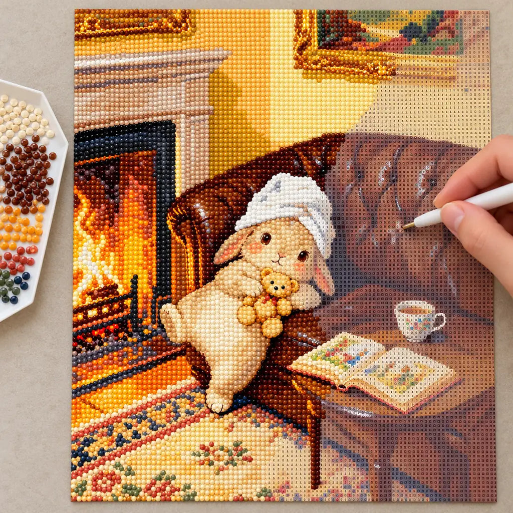 Diamond painting process showing a cozy bunny by the fireplace being completed with a stylus