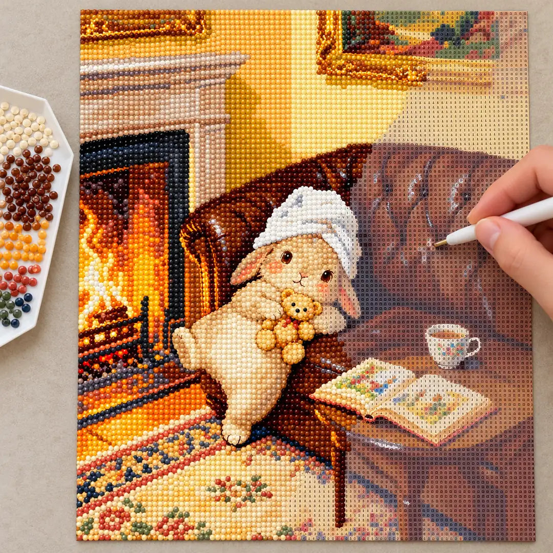 Diamond painting process showing a cozy bunny by the fireplace being completed with a stylus