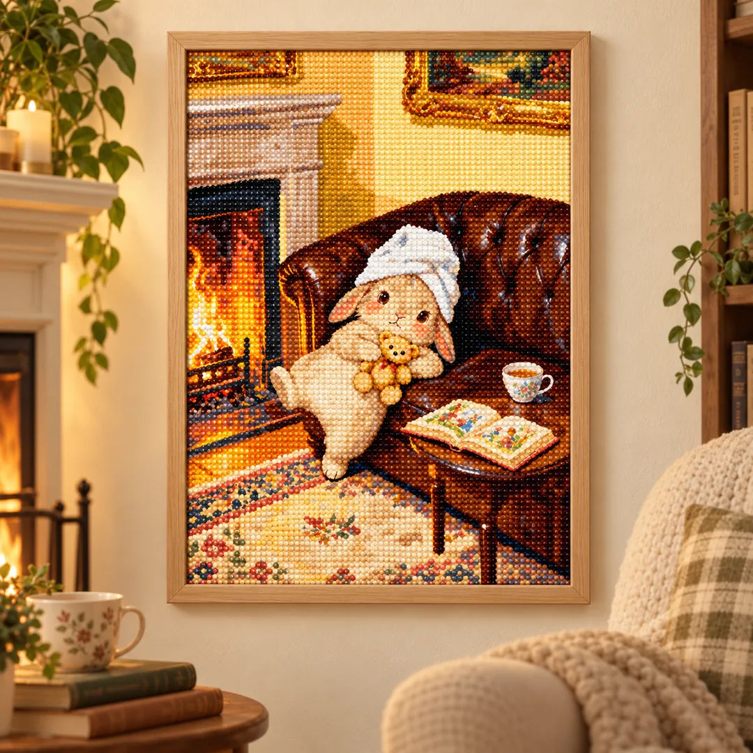 Cozy bunny fireplace diamond painting displayed as home decor