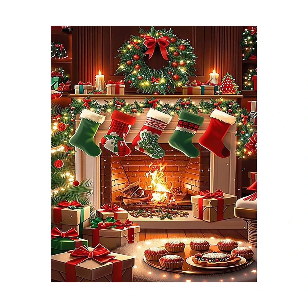 Cozy Christmas Fireplace Diamond Painting Kit original artwork on white background