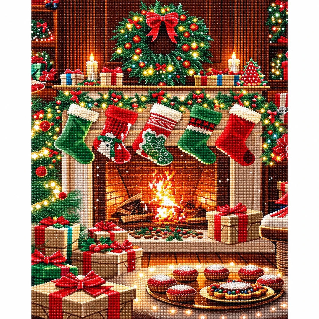 Cozy Christmas Fireplace Diamond Painting Kit finished diamond artwork on white background
