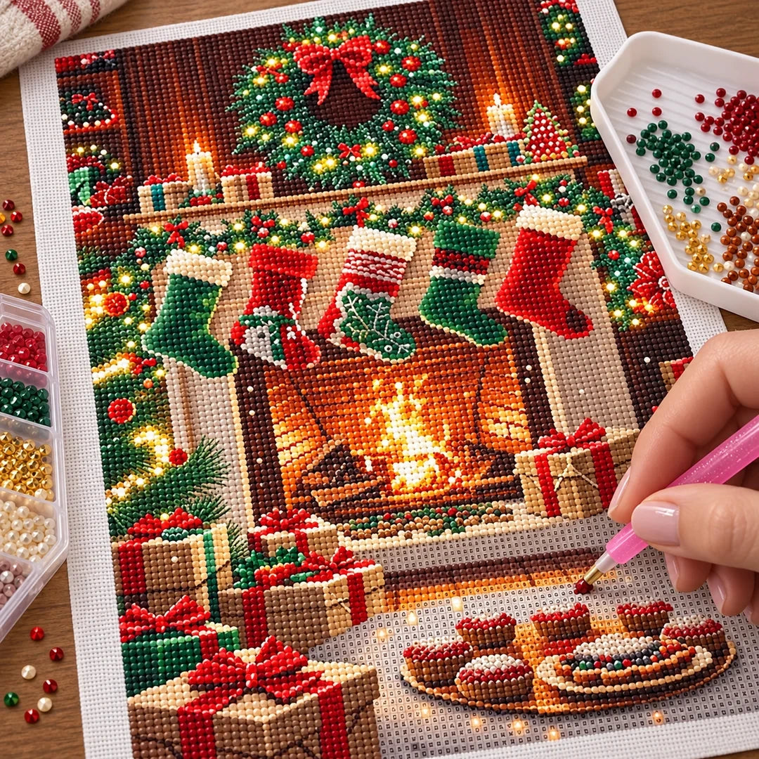 Cozy Christmas Fireplace Diamond Painting Kit process