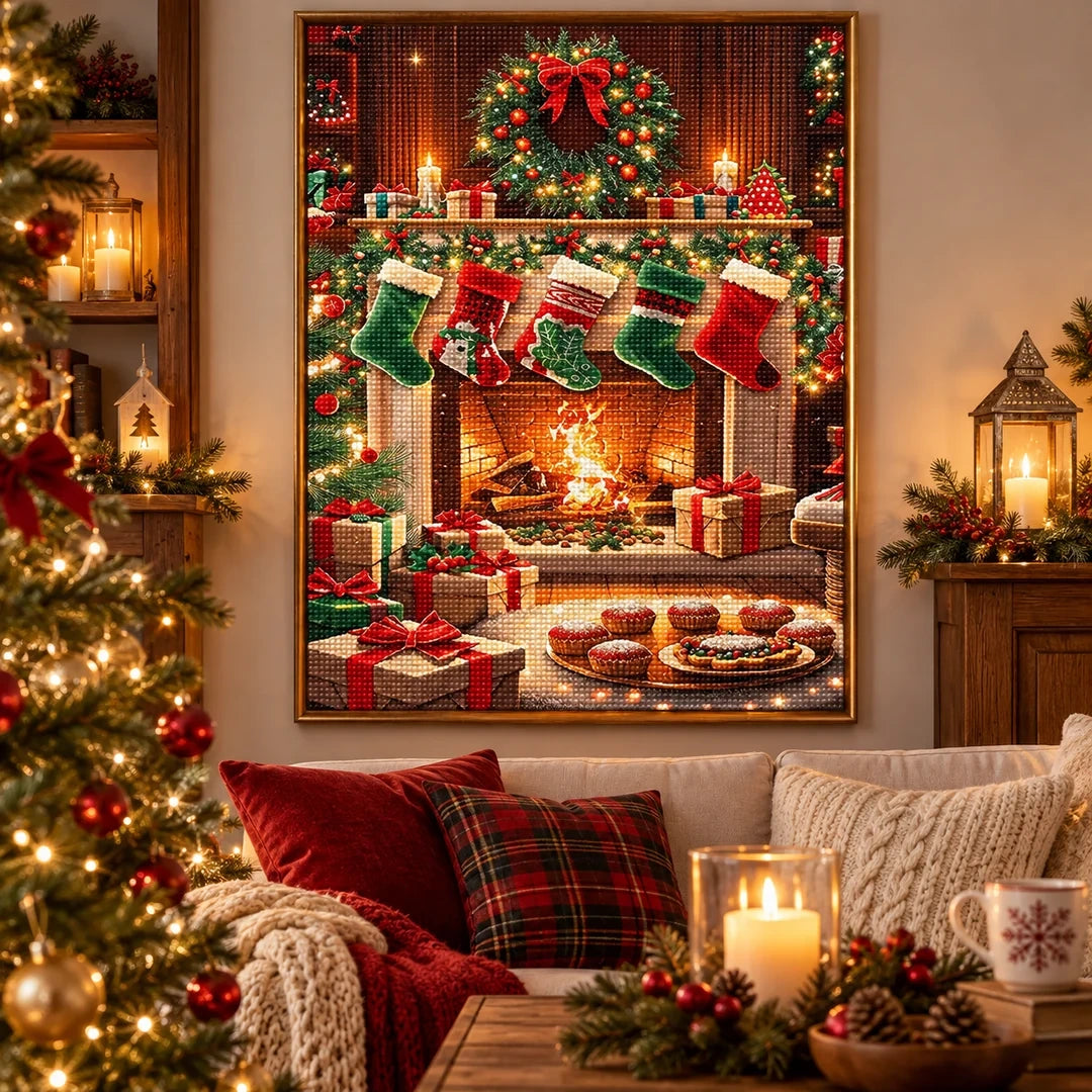 Cozy Christmas Fireplace Diamond Painting Kit scene