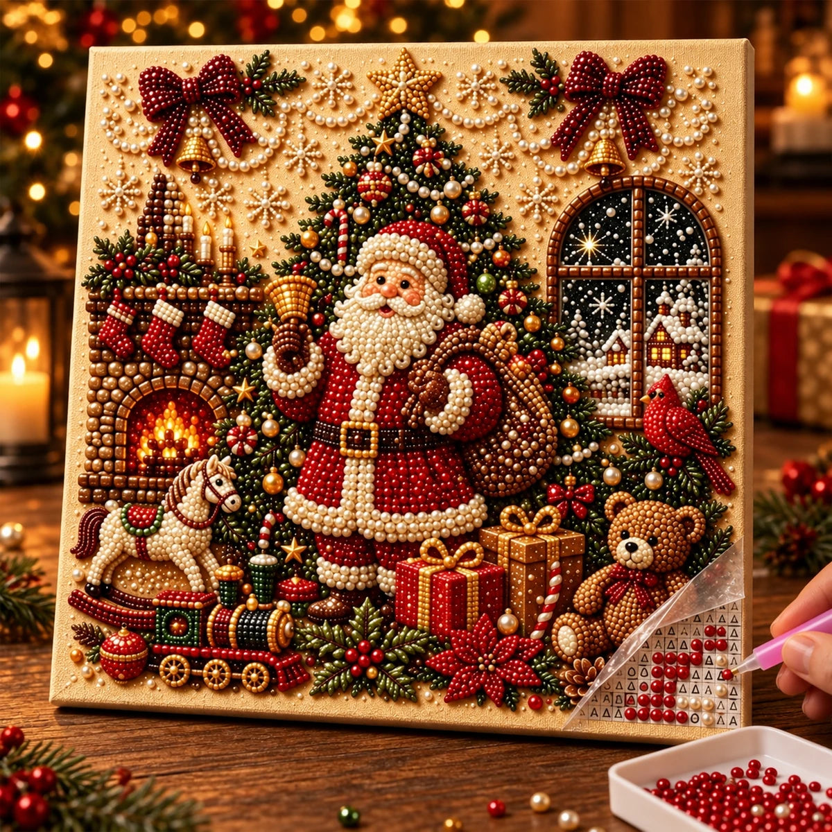 Cozy Christmas Santa Scene Pearl Diamond Painting Kit process image