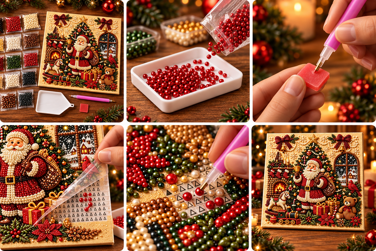 Cozy Christmas Santa Scene Pearl Diamond Painting Kit tutorial image