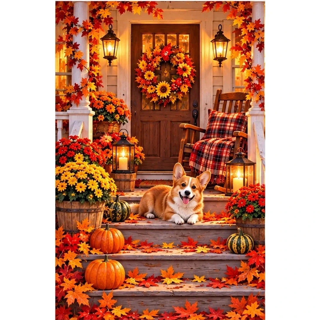 Cozy Fall Porch Corgi — original artwork on a clean white background