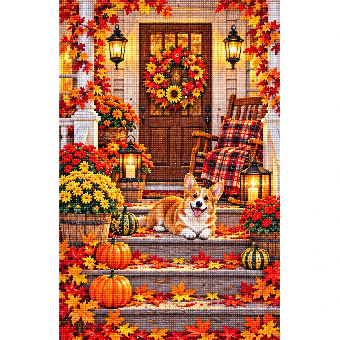 Cozy Fall Porch Corgi — finished diamond painting on a white background