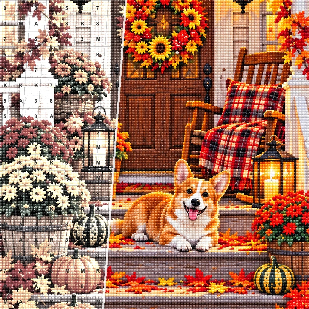 Cozy Fall Porch Corgi — close-up canvas and resin drill detail