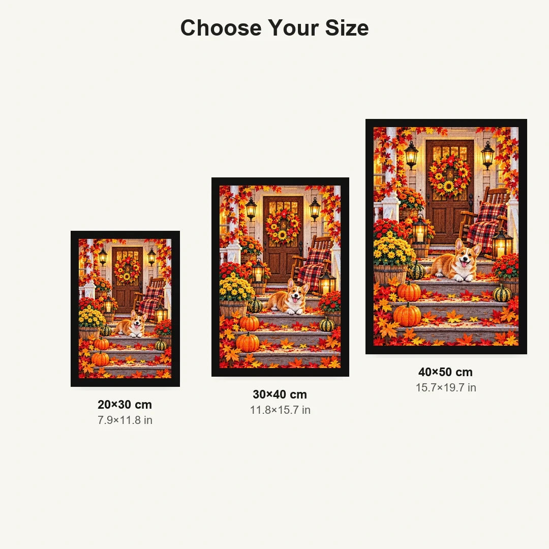 Cozy Fall Porch Corgi — size comparison for 20 × 30, 30 × 40 and 40 × 50 cm