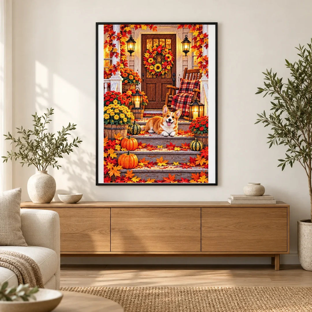 Cozy Fall Porch Corgi — finished diamond painting displayed in a home interior
