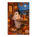 White-background original artwork of cozy ghost at tea