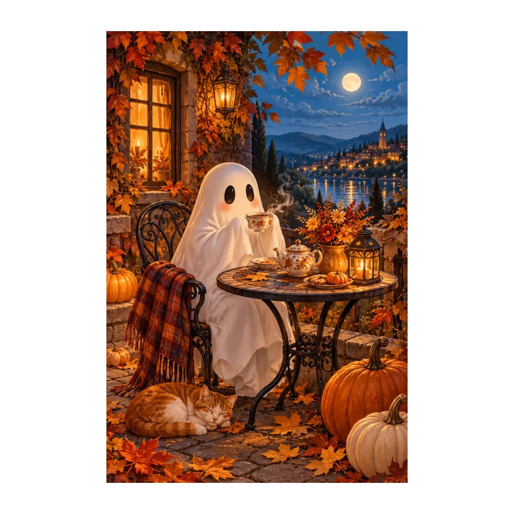 White-background original artwork of cozy ghost at tea
