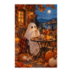 White-background finished diamond painting of cozy ghost at tea