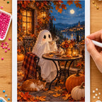 Hands placing drills on the cozy ghost at tea diamond painting canvas