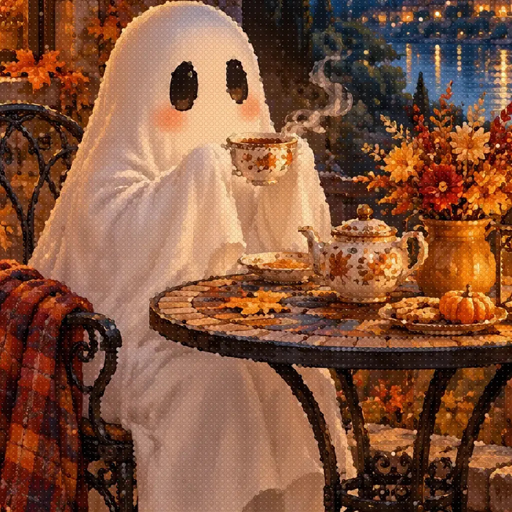 Close-up diamond detail of the cozy ghost at tea diamond painting