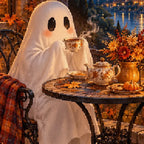 Close-up diamond detail of the cozy ghost at tea diamond painting