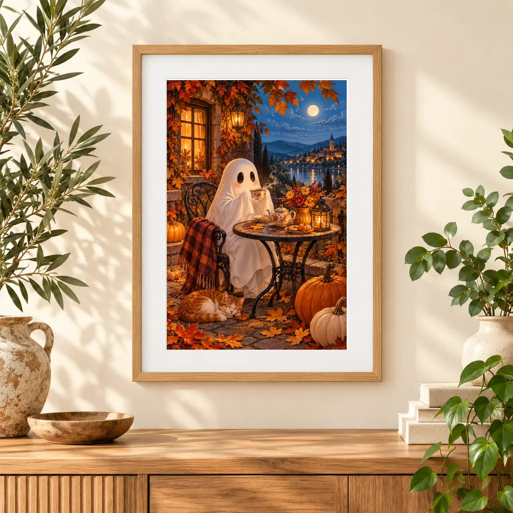 Framed home display of the cozy ghost at tea diamond painting