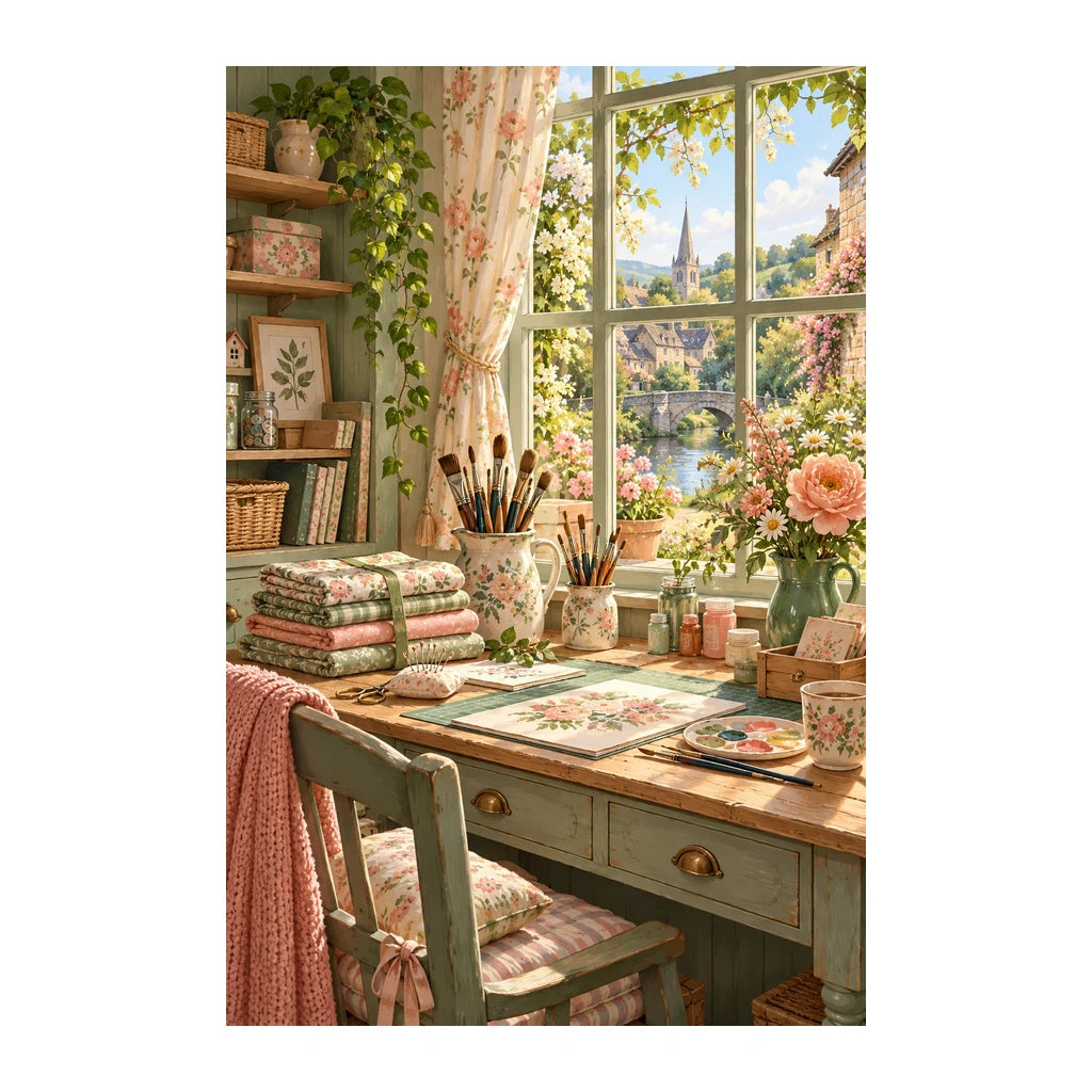 Sunlit Floral Craft Room — original artwork on a clean white background