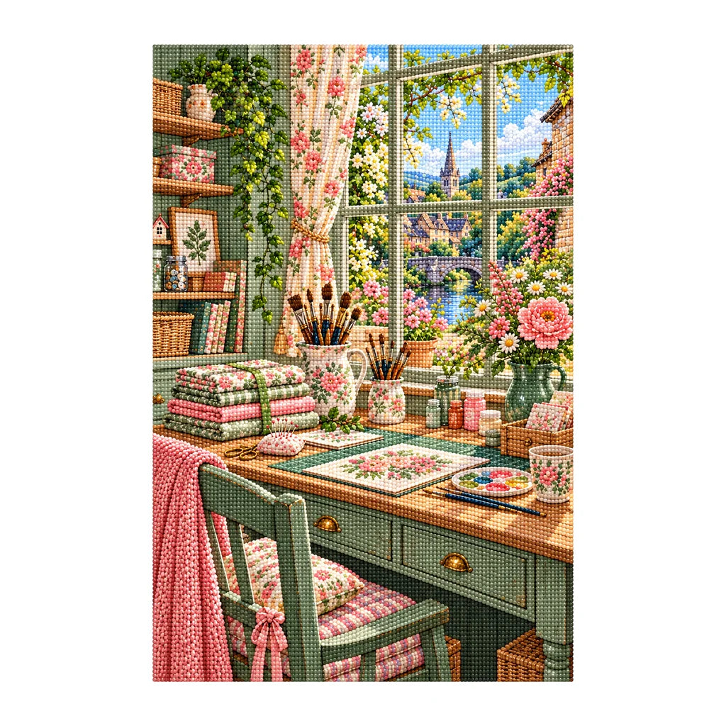 Sunlit Floral Craft Room — finished diamond painting on a white background