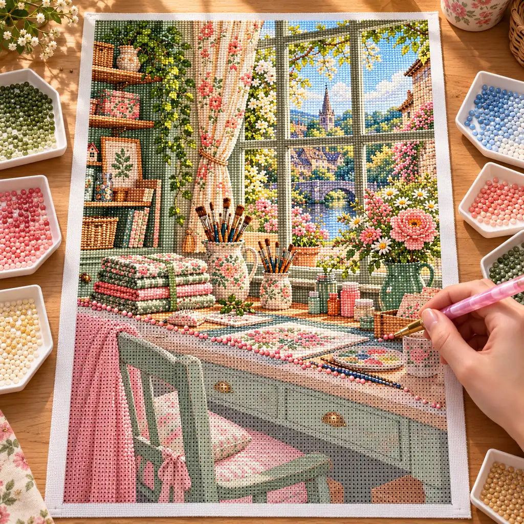 Sunlit Floral Craft Room — diamond painting process with an applicator pen