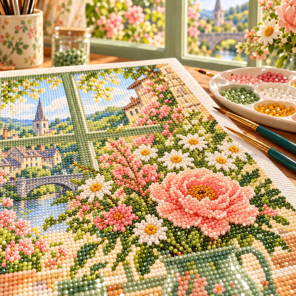 Sunlit Floral Craft Room — close-up of diamond drills and canvas detail