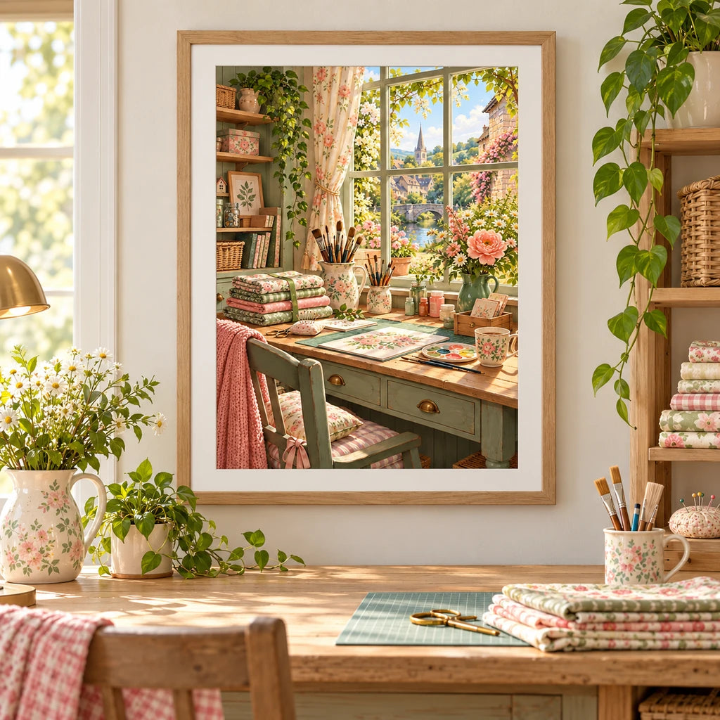 Sunlit Floral Craft Room — finished diamond painting displayed in a home interior