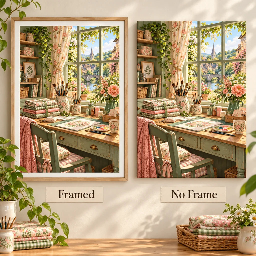 Sunlit Floral Craft Room — No Frame and Framed style comparison