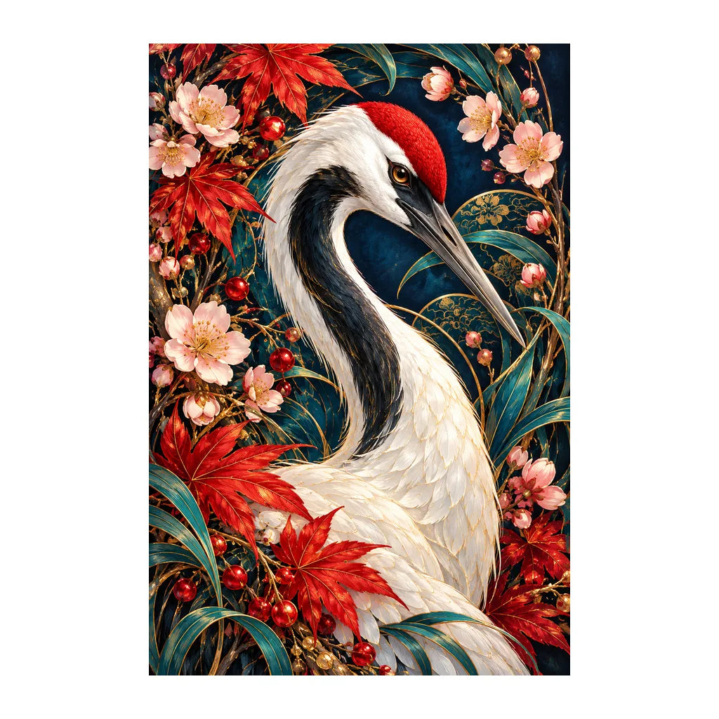 Original white-background artwork of Crane Maple Blossom Frame
