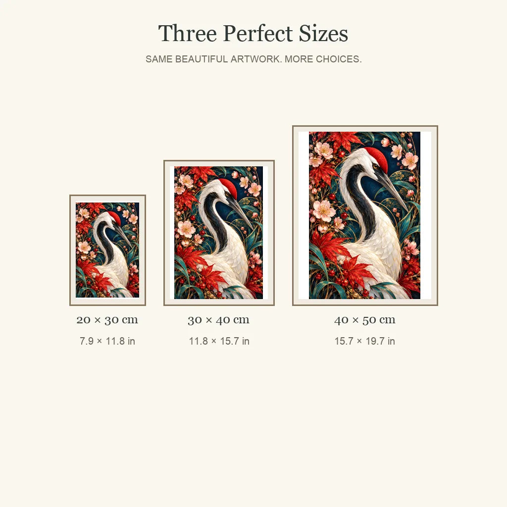 Crane Maple Blossom Frame diamond painting in 20 by 30, 30 by 40, and 40 by 50 centimeter sizes
