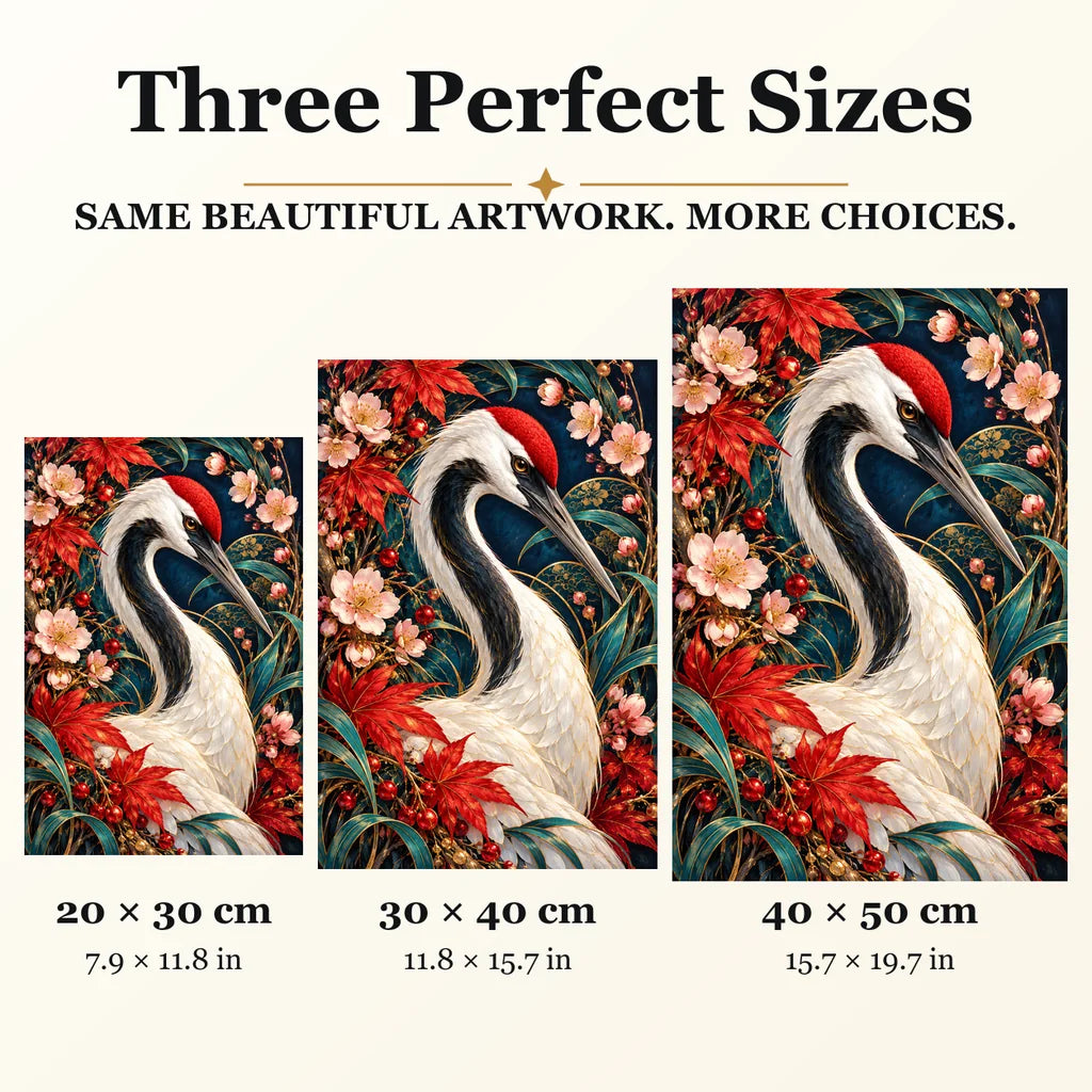 Crane Maple Blossom Frame diamond painting in 20 by 30, 30 by 40, and 40 by 50 centimeter sizes