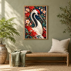 Framed Crane Maple Blossom Frame diamond painting displayed in a home interior