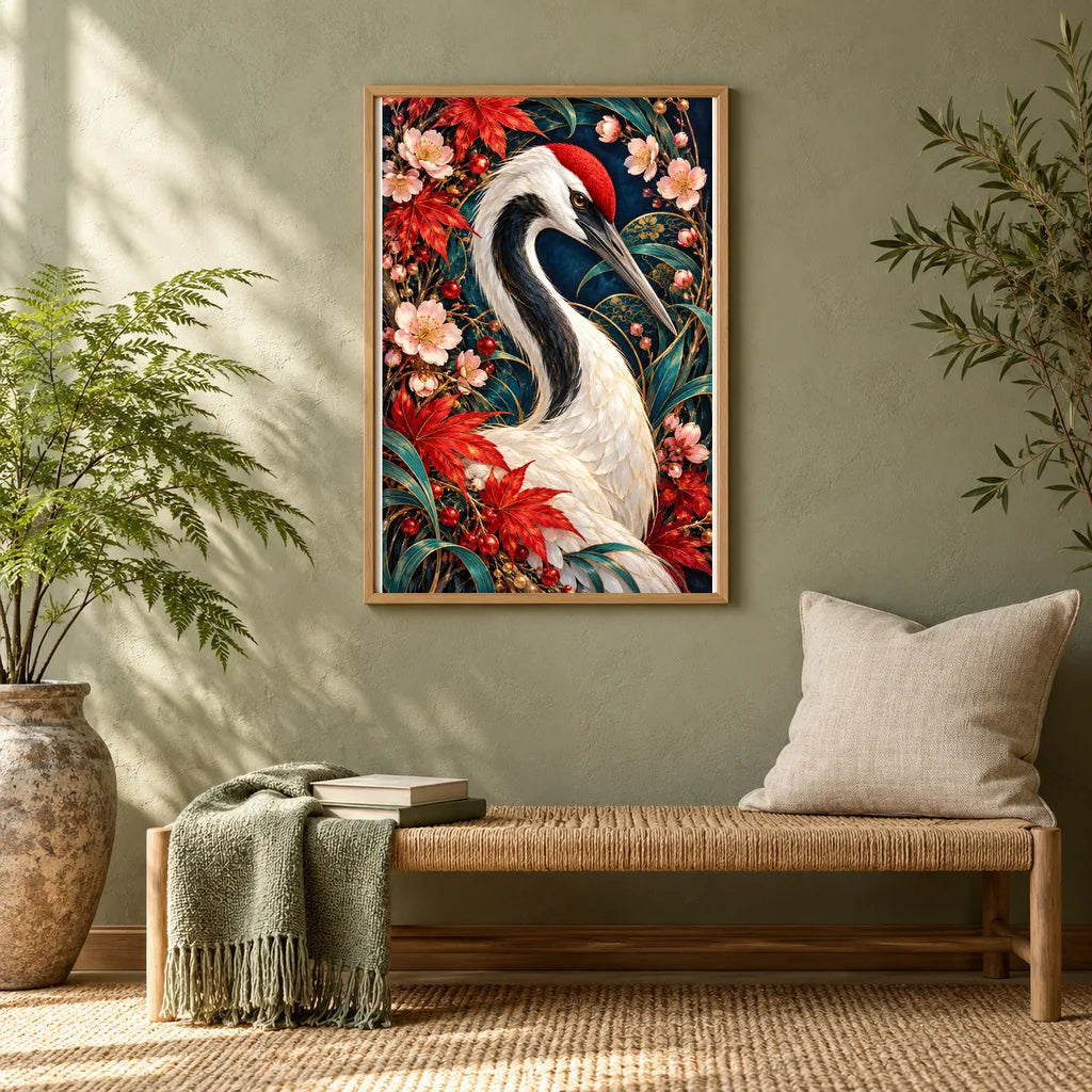 Framed Crane Maple Blossom Frame diamond painting displayed in a home interior