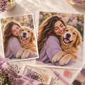 Original pet photo beside a finished custom diamond painting kit