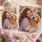 Original pet photo beside a finished custom diamond painting kit