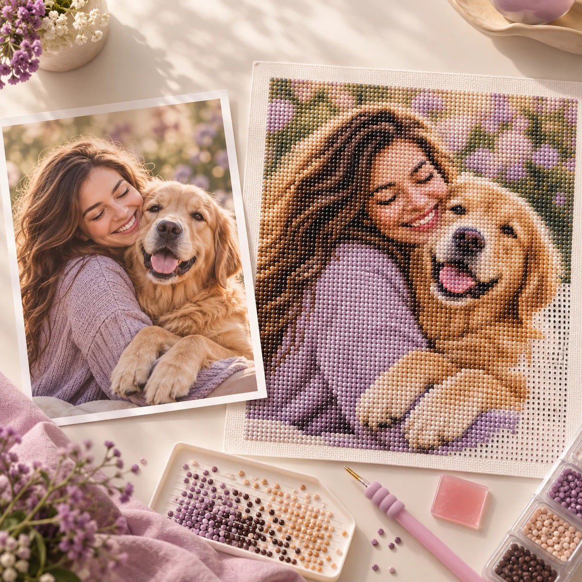 Original pet photo beside a finished custom diamond painting kit
