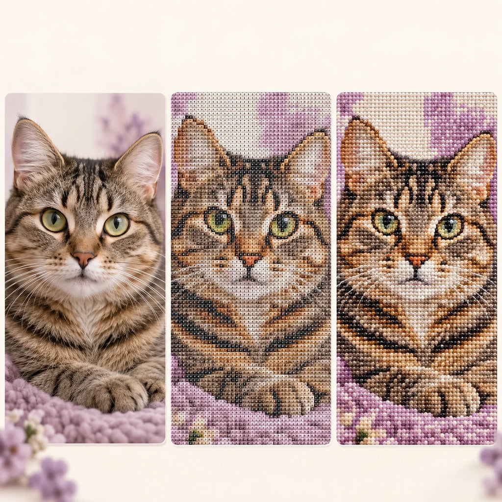 Original pet photo, automatic canvas preview, and finished custom diamond painting