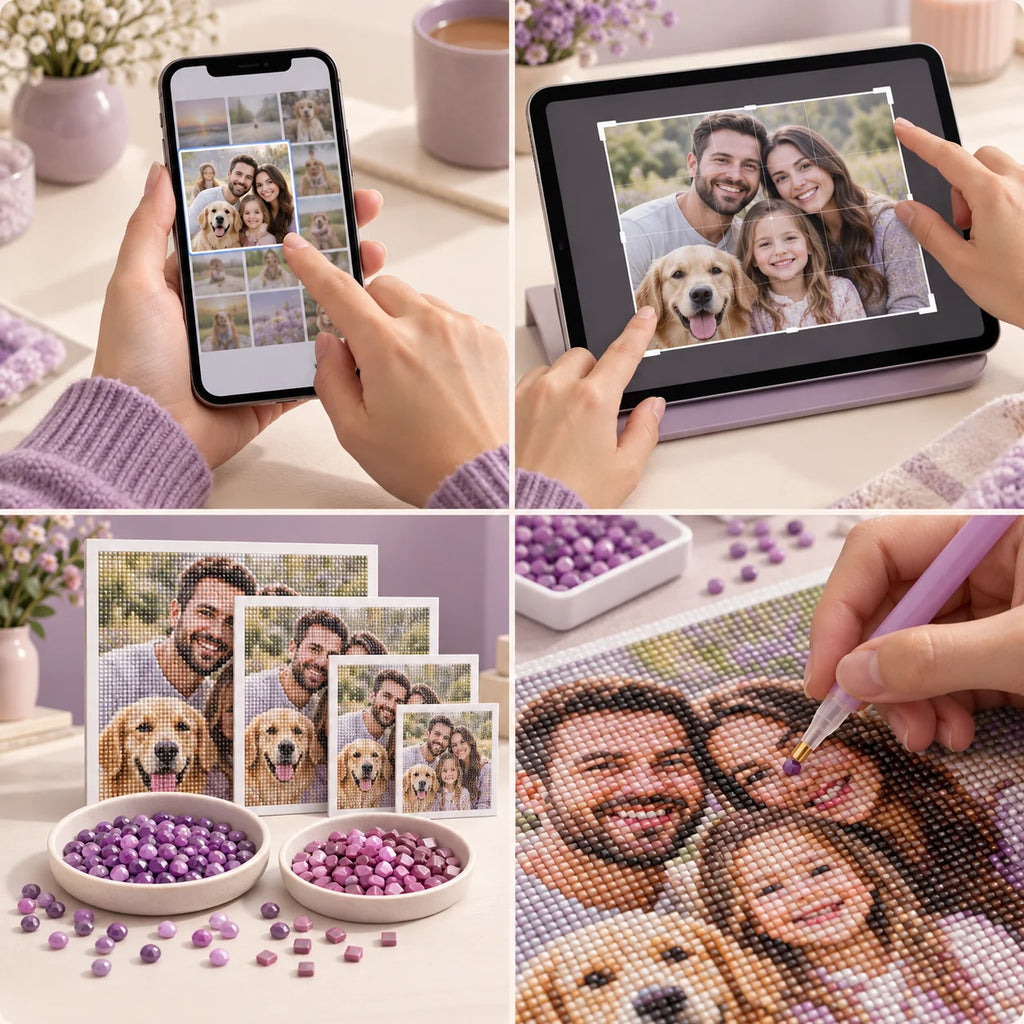 Upload, crop, choose size and create a custom diamond painting