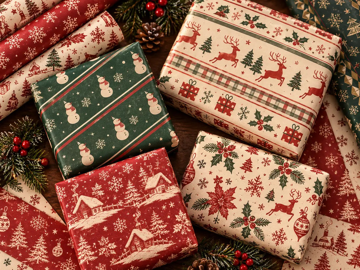 Gift wrap examples in assorted randomly selected holiday paper