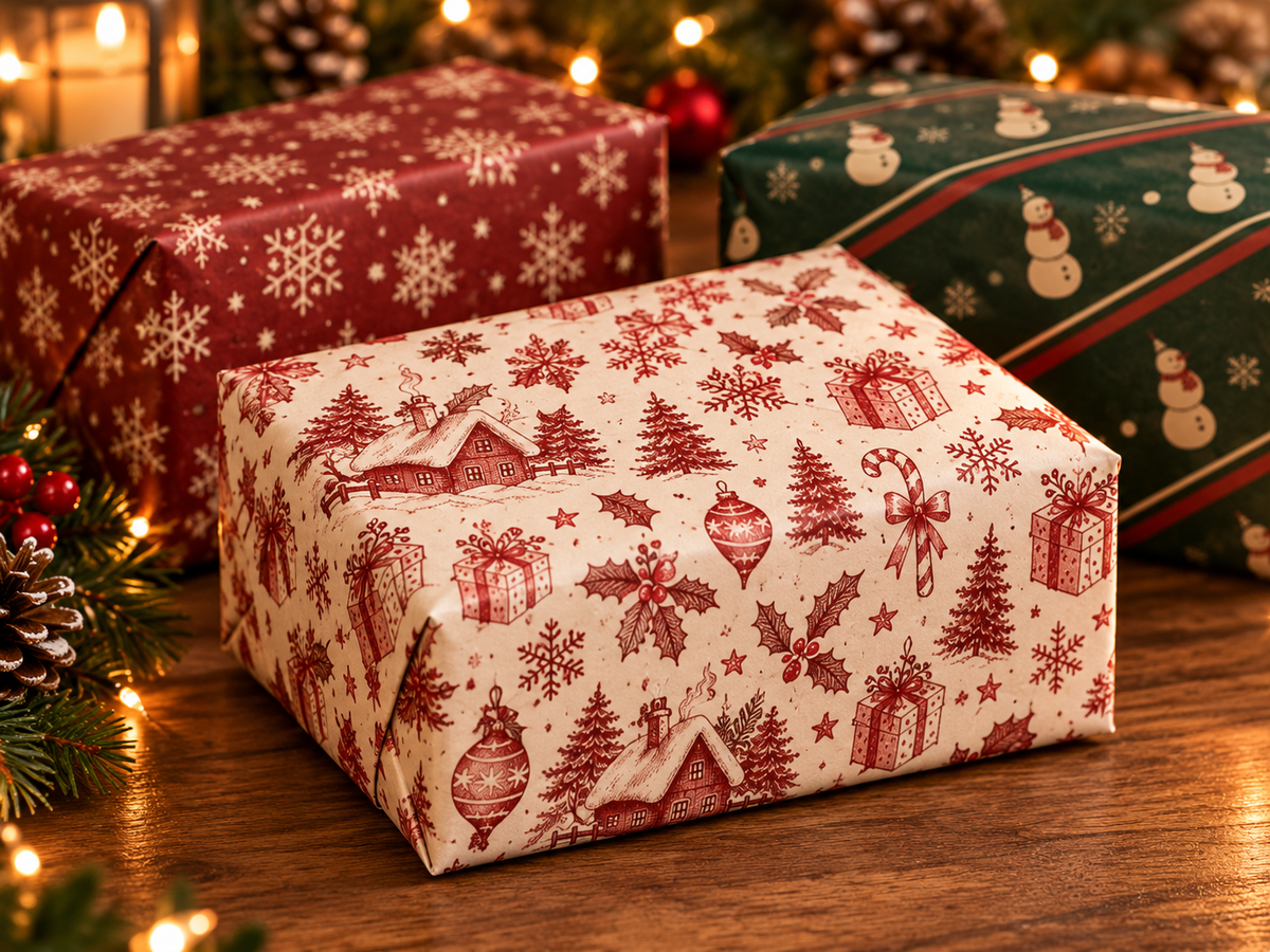 Close-up example of a gift wrapped in randomly selected patterned paper