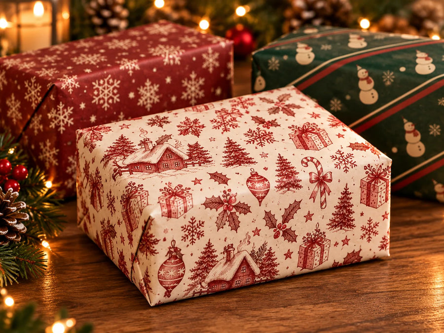 Close-up example of a gift wrapped in randomly selected patterned paper