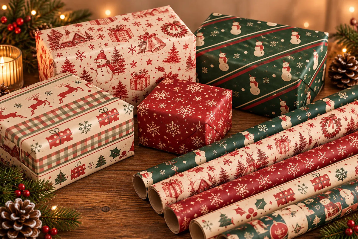 Examples of seasonal wrapping paper and gift packages in assorted styles