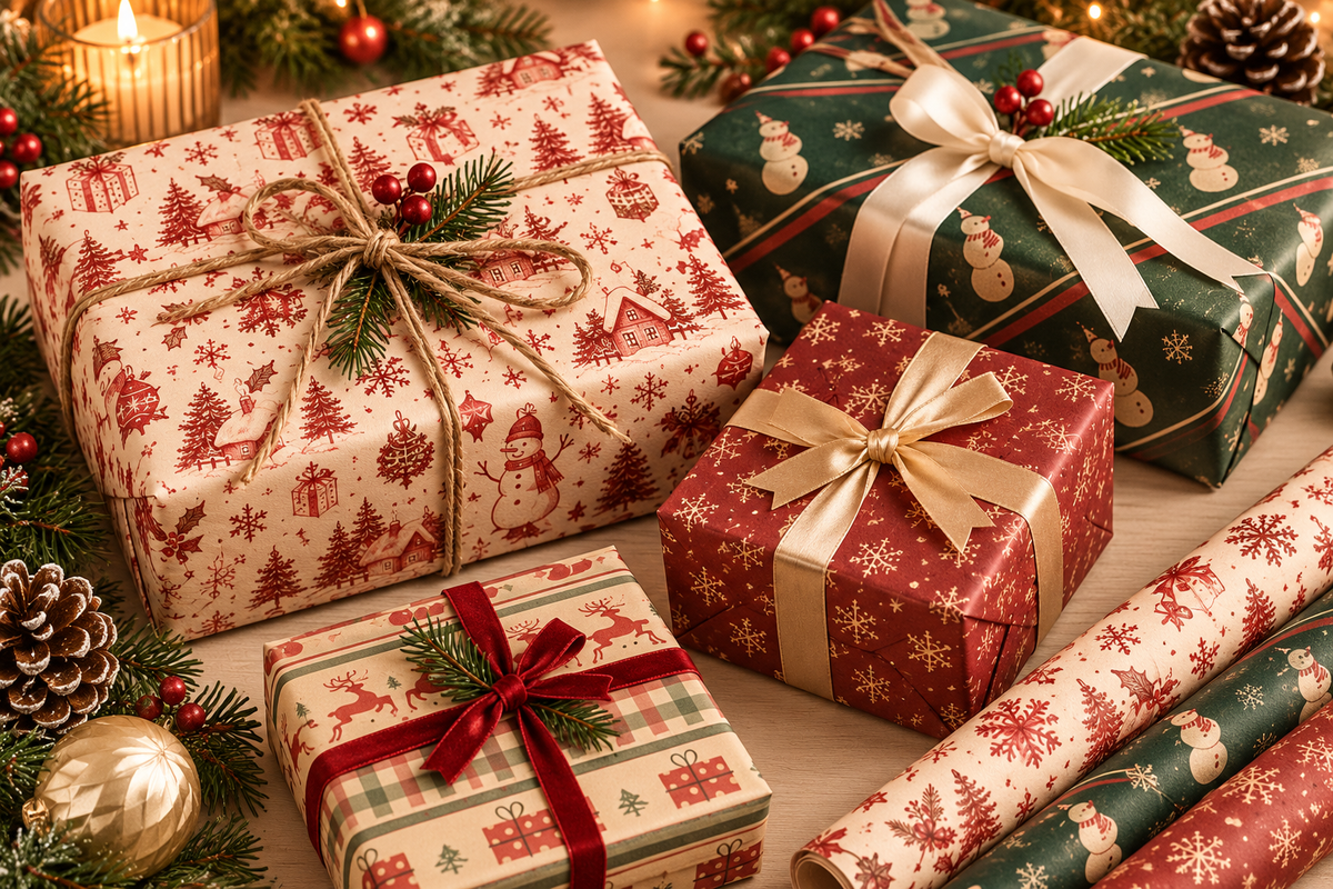 Holiday gifts wrapped in randomly selected festive paper and finishing materials