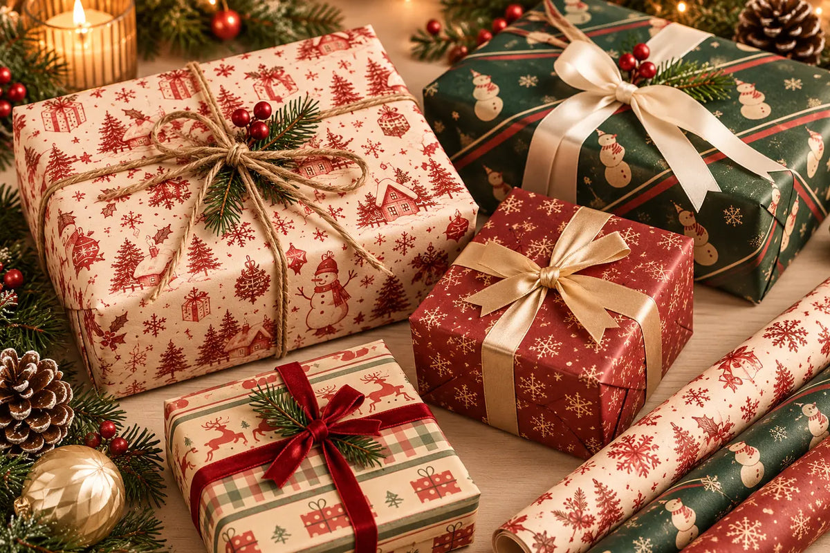 Holiday gifts wrapped in randomly selected festive paper and finishing materials