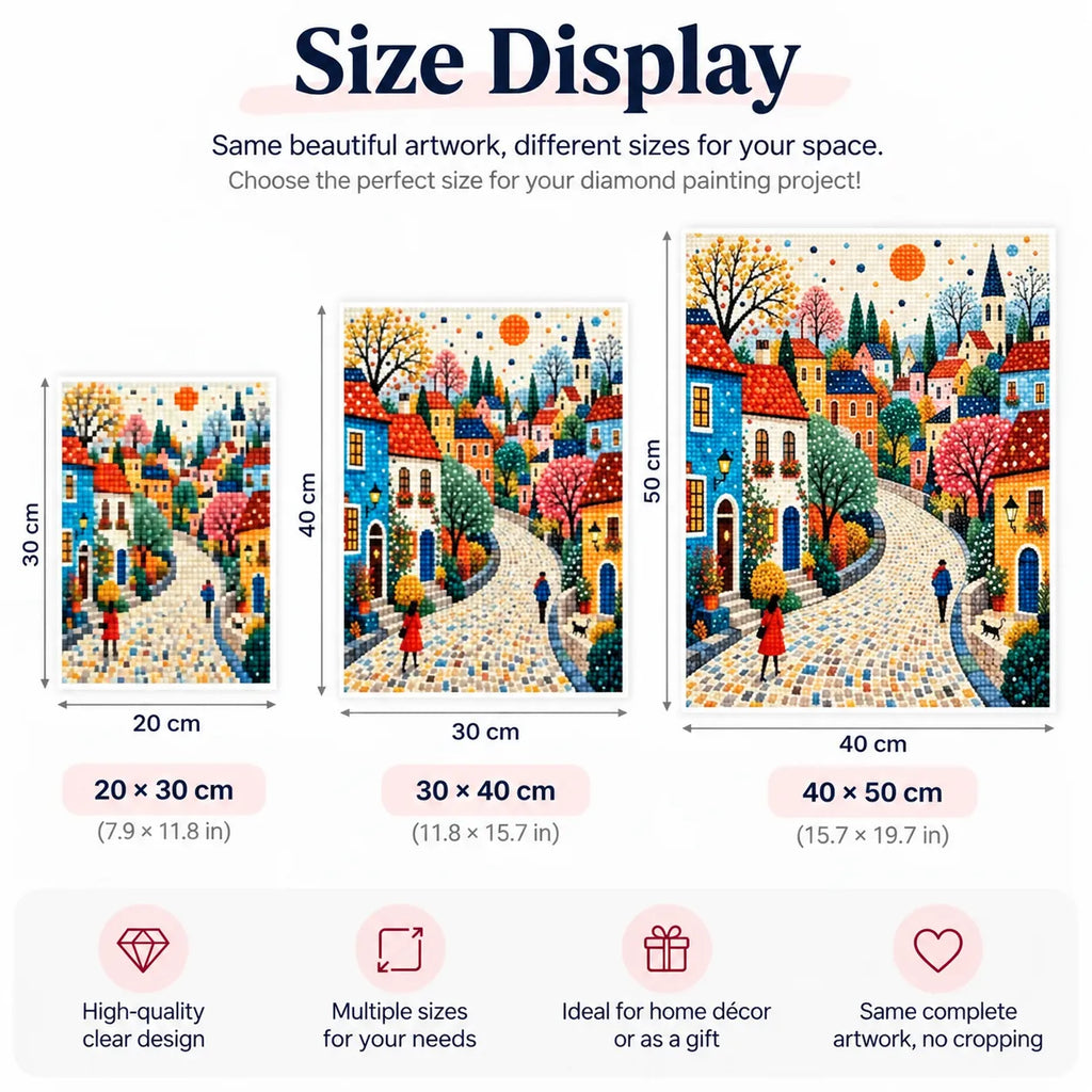 Creovia portrait diamond painting size guide for 20 × 30, 30 × 40, and 40 × 50 cm