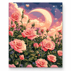 Crescent Moon Rose Garden paint by numbers artwork on a front-facing canvas against a white background