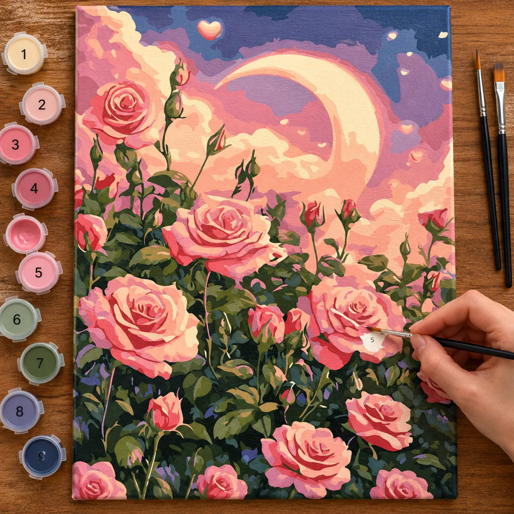 Complete Crescent Moon Rose Garden numbered canvas being painted with acrylic paints and brushes