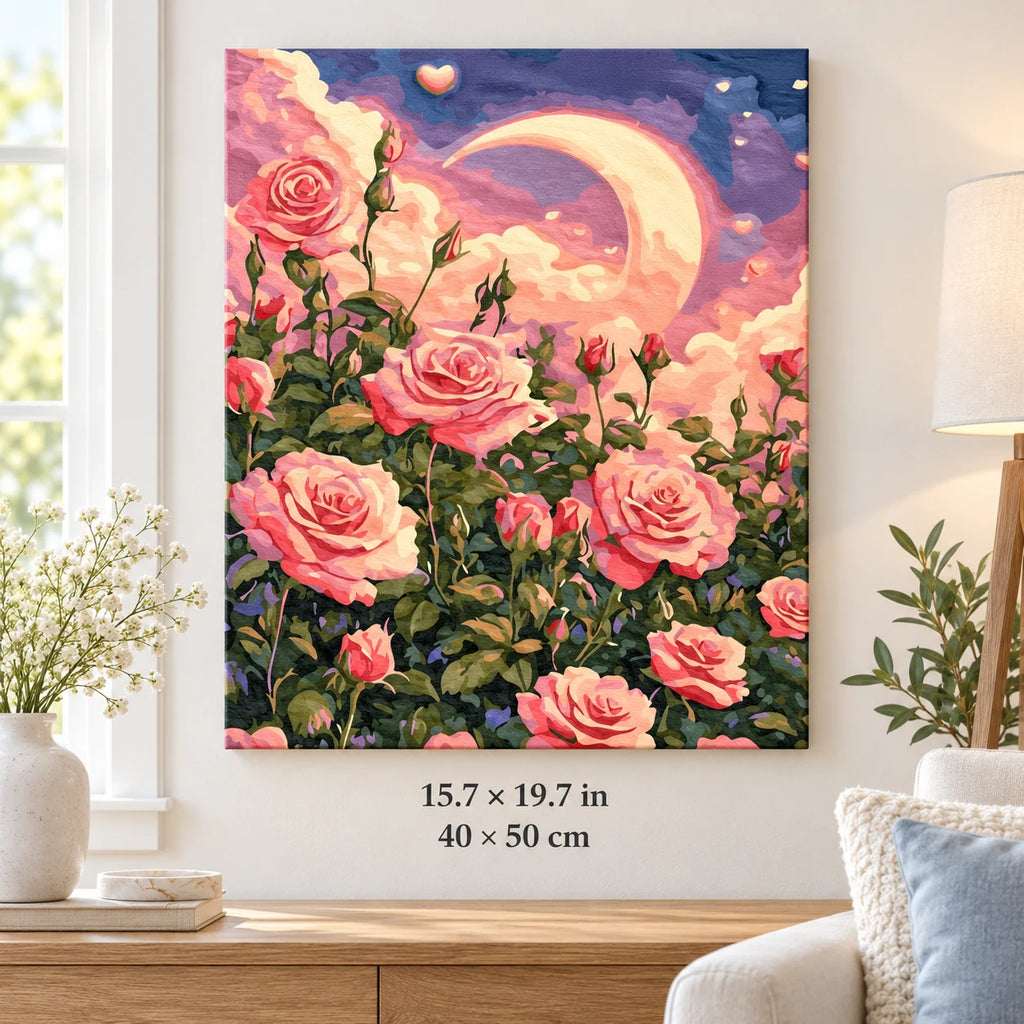 Crescent Moon Rose Garden shown in a styled room with 15.7 × 19.7 in and 40 × 50 cm dimensions