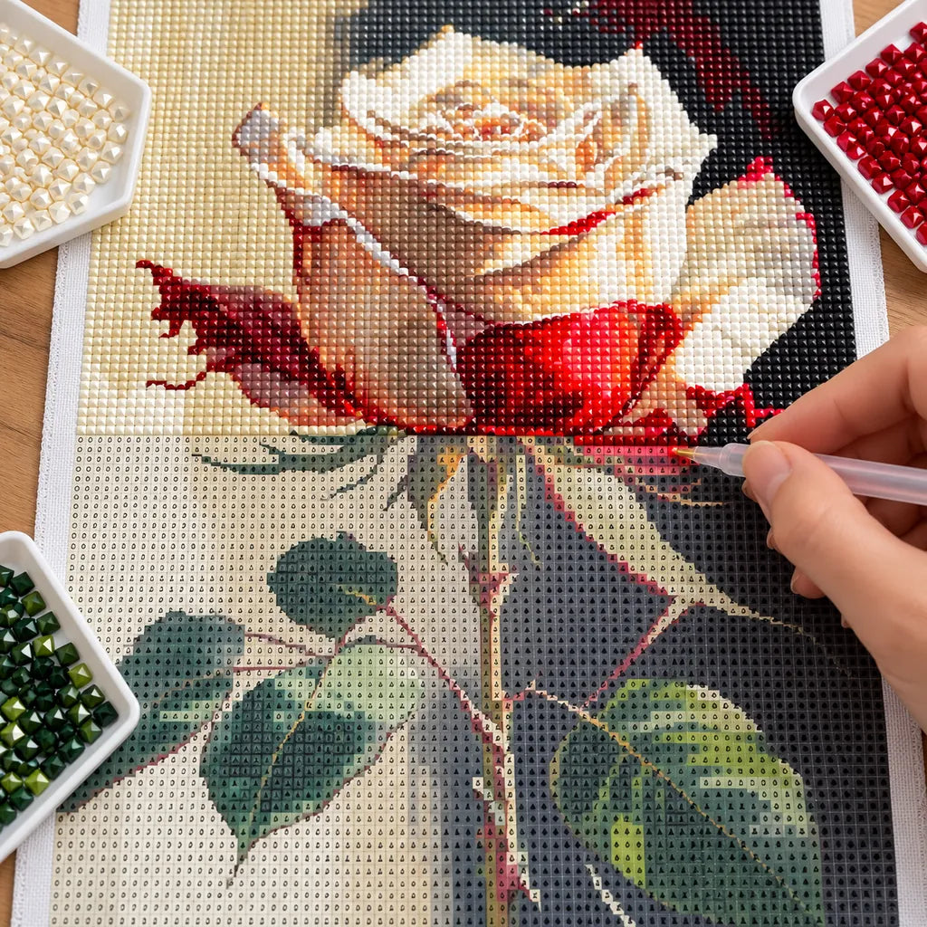 Crimson and Ivory Rose on a Dark Background: process
