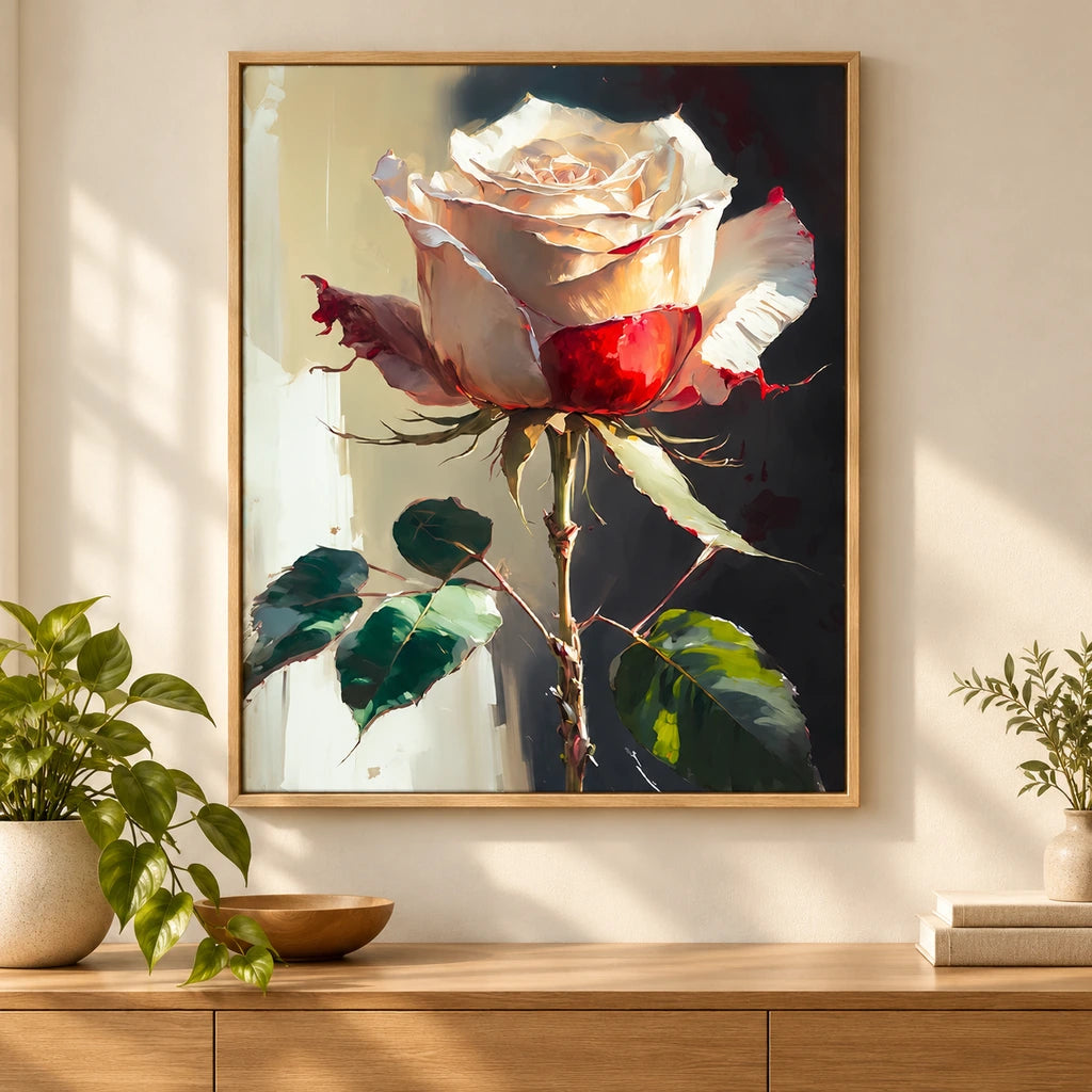 Crimson and Ivory Rose on a Dark Background: scene